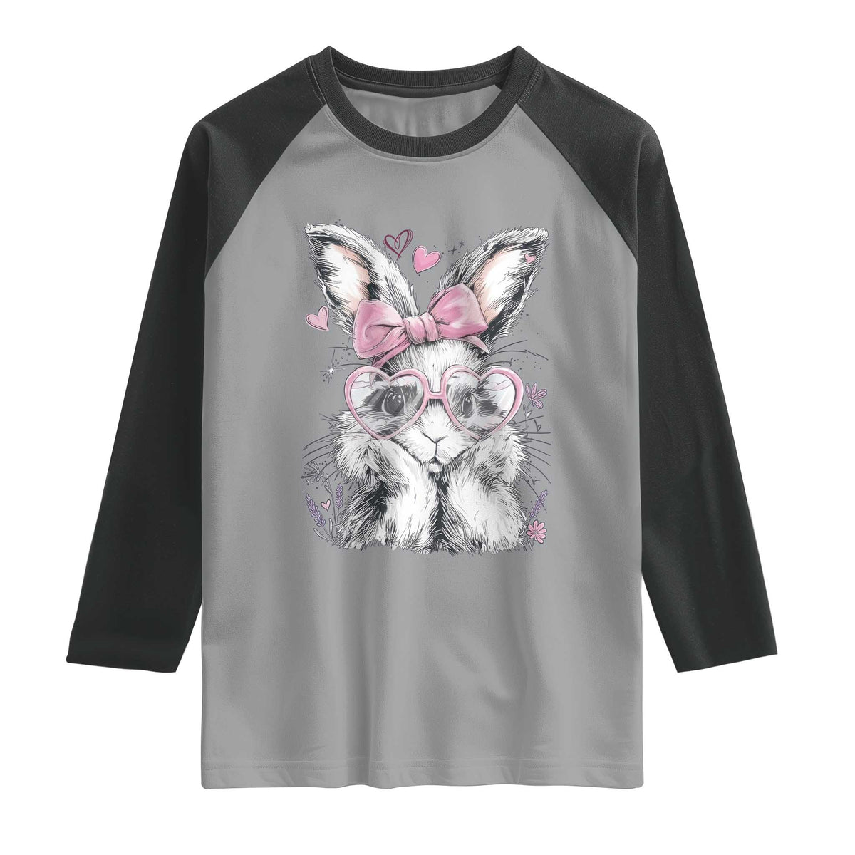 Cute Easter Bunny with Heart Glasses Pink Bow Raglan Shirt Adorable Rabbit Love Aesthetic Gift TS02 Sport Gray Black Print Your Wear