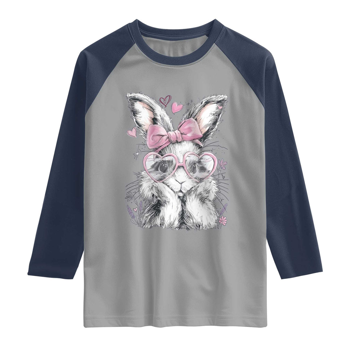 Cute Easter Bunny with Heart Glasses Pink Bow Raglan Shirt Adorable Rabbit Love Aesthetic Gift TS02 Sport Gray Navy Print Your Wear