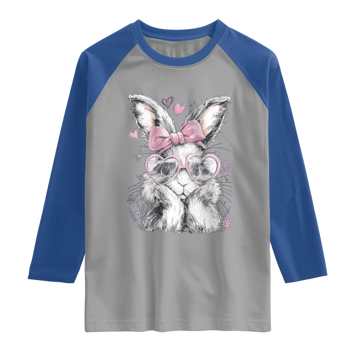 Cute Easter Bunny with Heart Glasses Pink Bow Raglan Shirt Adorable Rabbit Love Aesthetic Gift TS02 Sport Gray Royal Print Your Wear