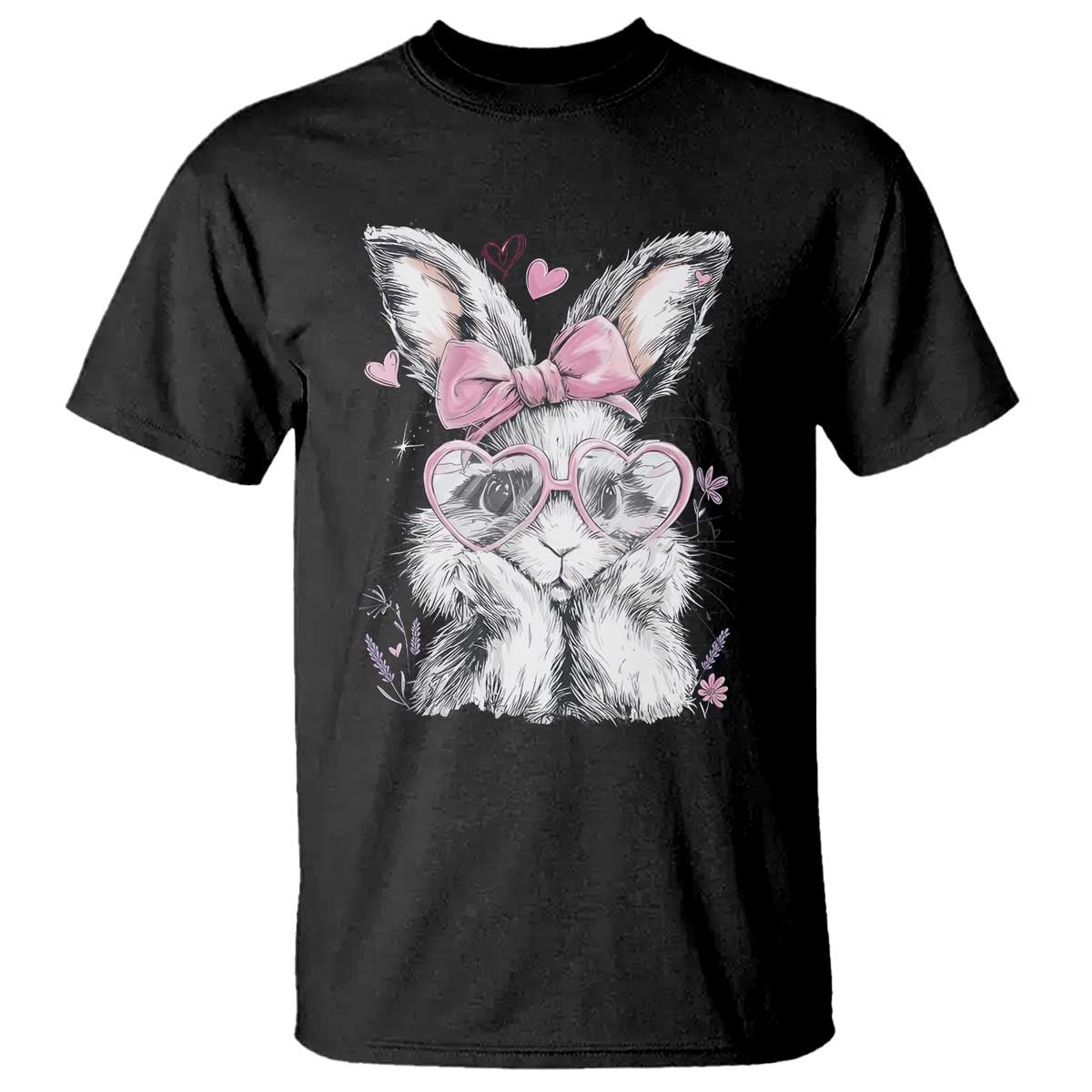 Cute Easter Bunny with Heart Glasses Pink Bow T Shirt Adorable Rabbit Love Aesthetic Gift TS02 Black Print Your Wear