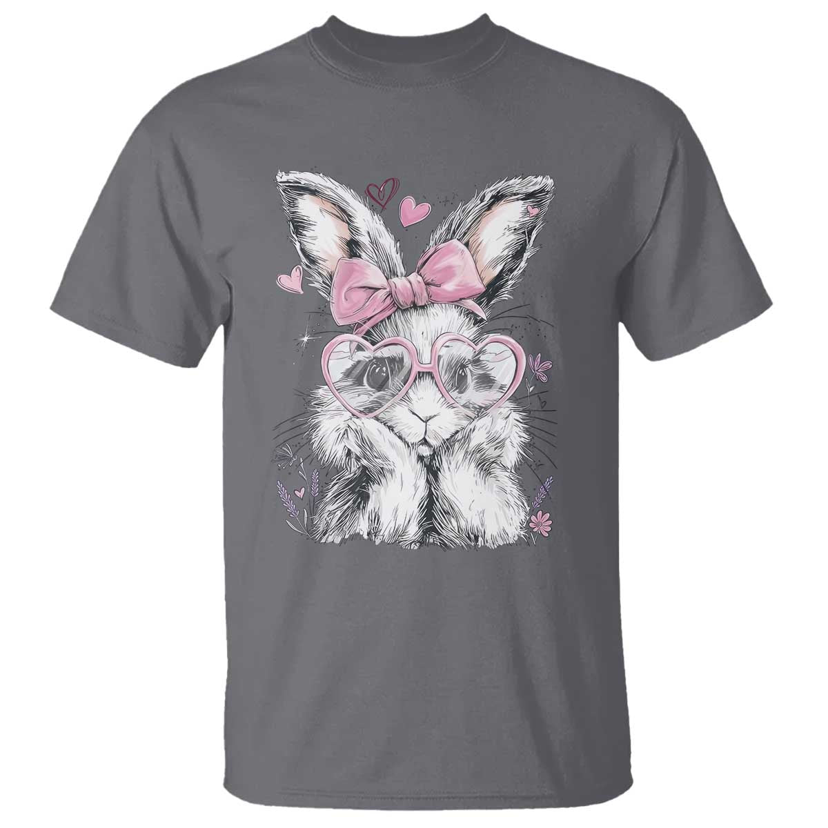 Cute Easter Bunny with Heart Glasses Pink Bow T Shirt Adorable Rabbit Love Aesthetic Gift TS02 Charcoal Print Your Wear