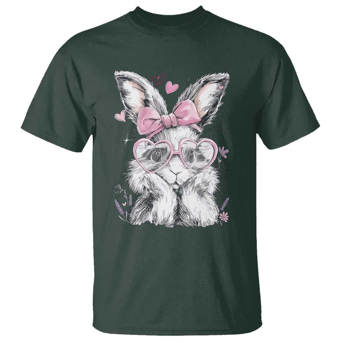 Cute Easter Bunny with Heart Glasses Pink Bow T Shirt Adorable Rabbit Love Aesthetic Gift TS02 Dark Forest Green Print Your Wear