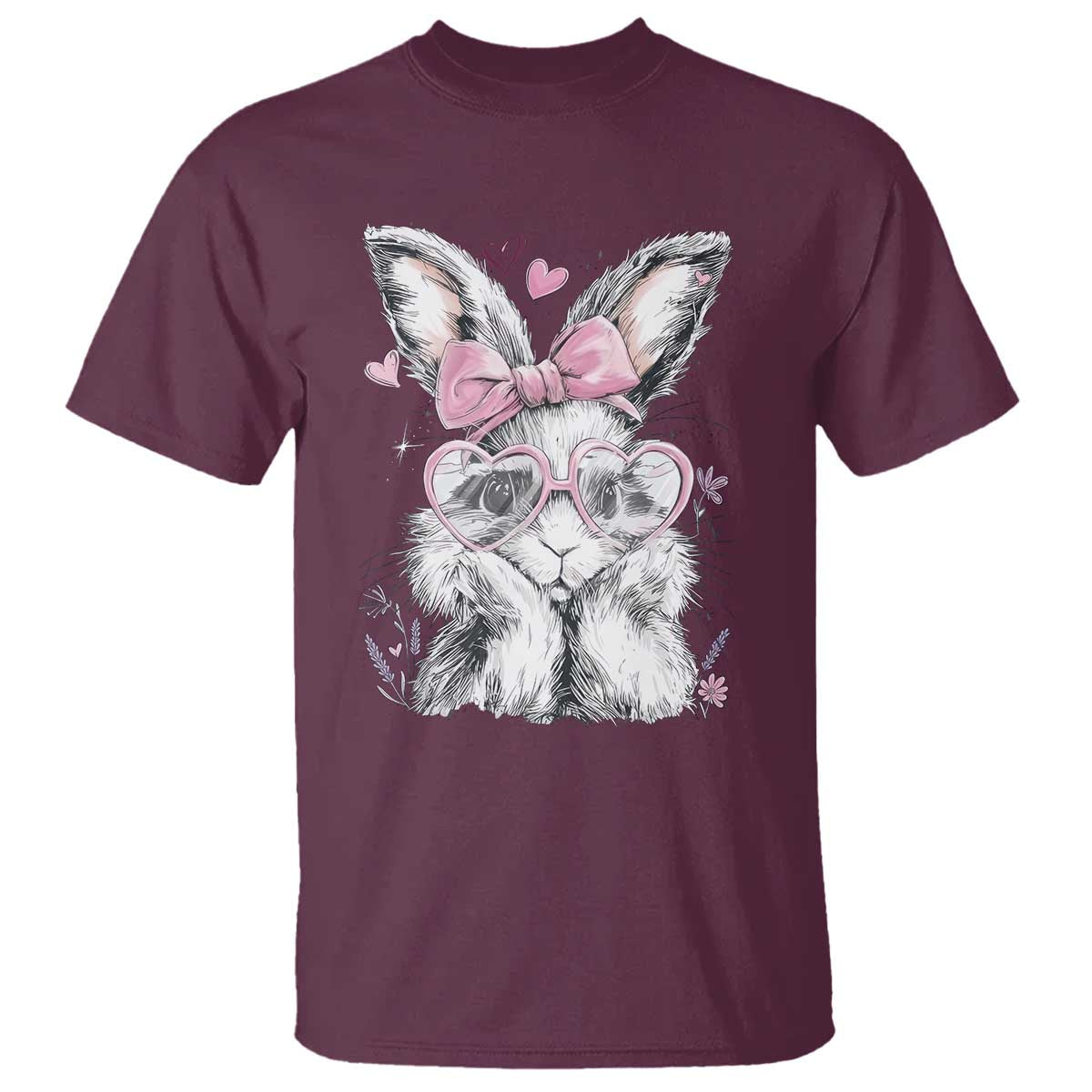 Cute Easter Bunny with Heart Glasses Pink Bow T Shirt Adorable Rabbit Love Aesthetic Gift TS02 Maroon Print Your Wear
