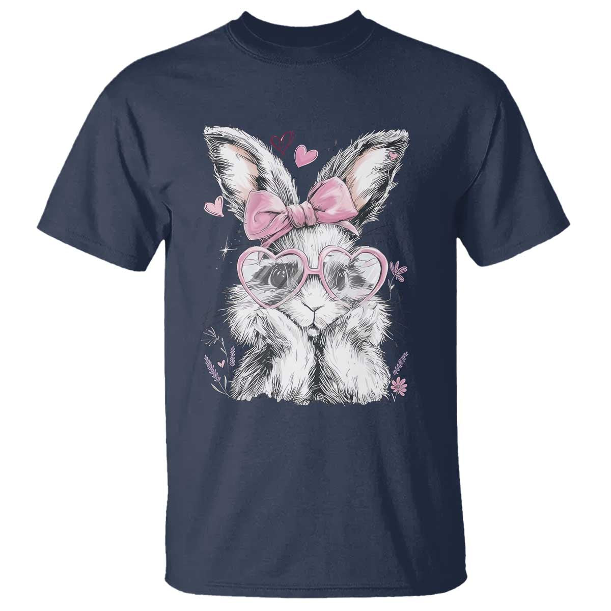 Cute Easter Bunny with Heart Glasses Pink Bow T Shirt Adorable Rabbit Love Aesthetic Gift TS02 Navy Print Your Wear