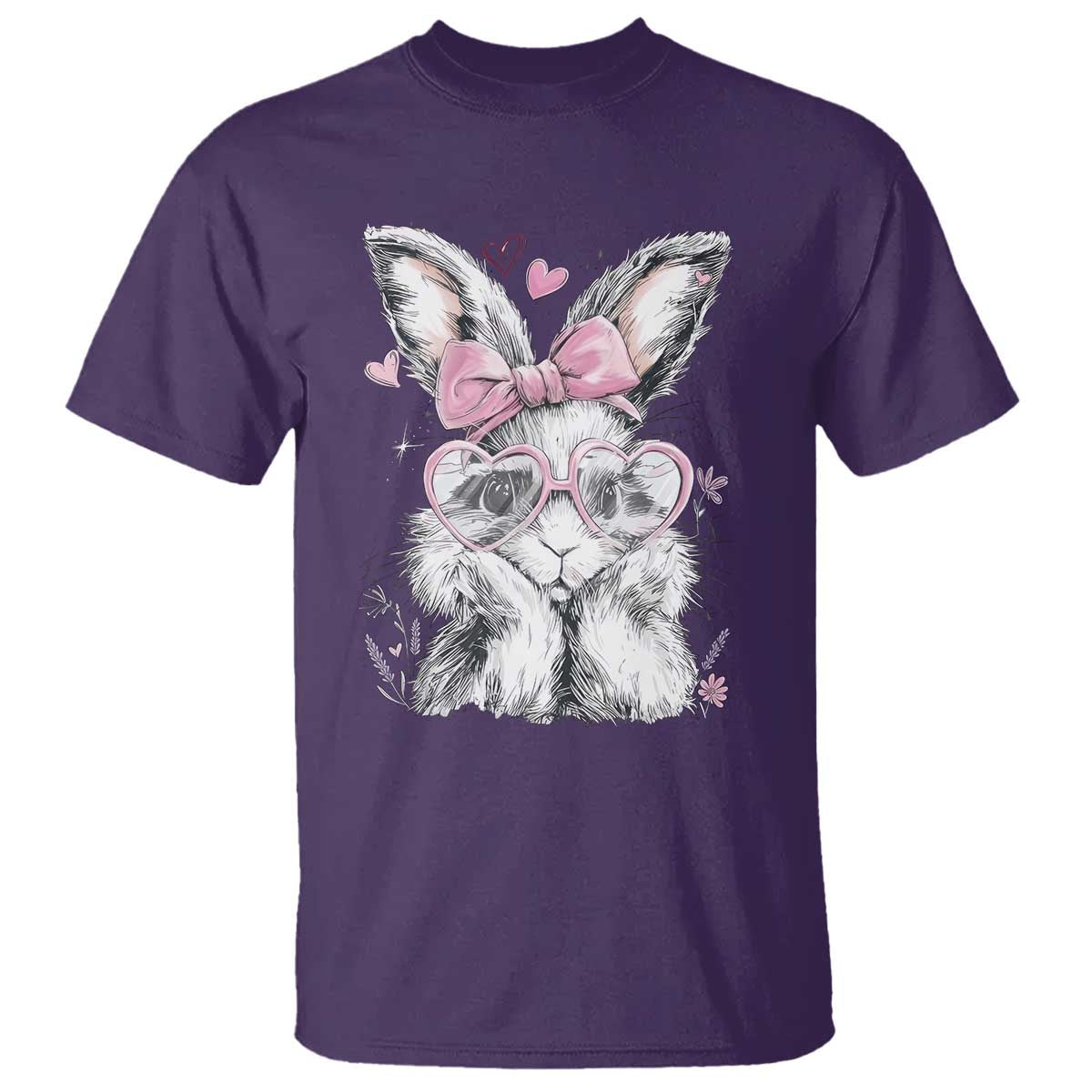 Cute Easter Bunny with Heart Glasses Pink Bow T Shirt Adorable Rabbit Love Aesthetic Gift TS02 Purple Print Your Wear