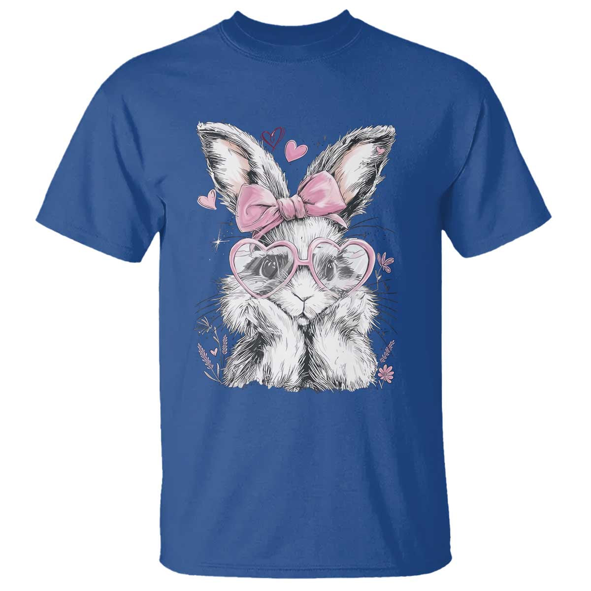 Cute Easter Bunny with Heart Glasses Pink Bow T Shirt Adorable Rabbit Love Aesthetic Gift TS02 Royal Blue Print Your Wear