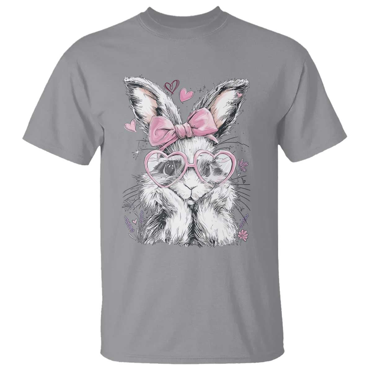 Cute Easter Bunny with Heart Glasses Pink Bow T Shirt Adorable Rabbit Love Aesthetic Gift TS02 Sport Gray Print Your Wear