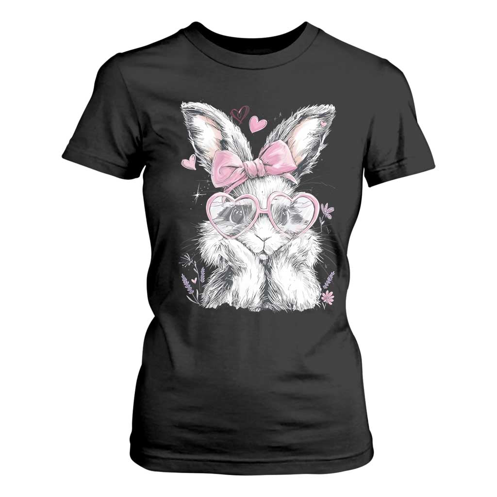 Cute Easter Bunny with Heart Glasses Pink Bow T Shirt For Women Adorable Rabbit Love Aesthetic Gift TS02 Black Print Your Wear