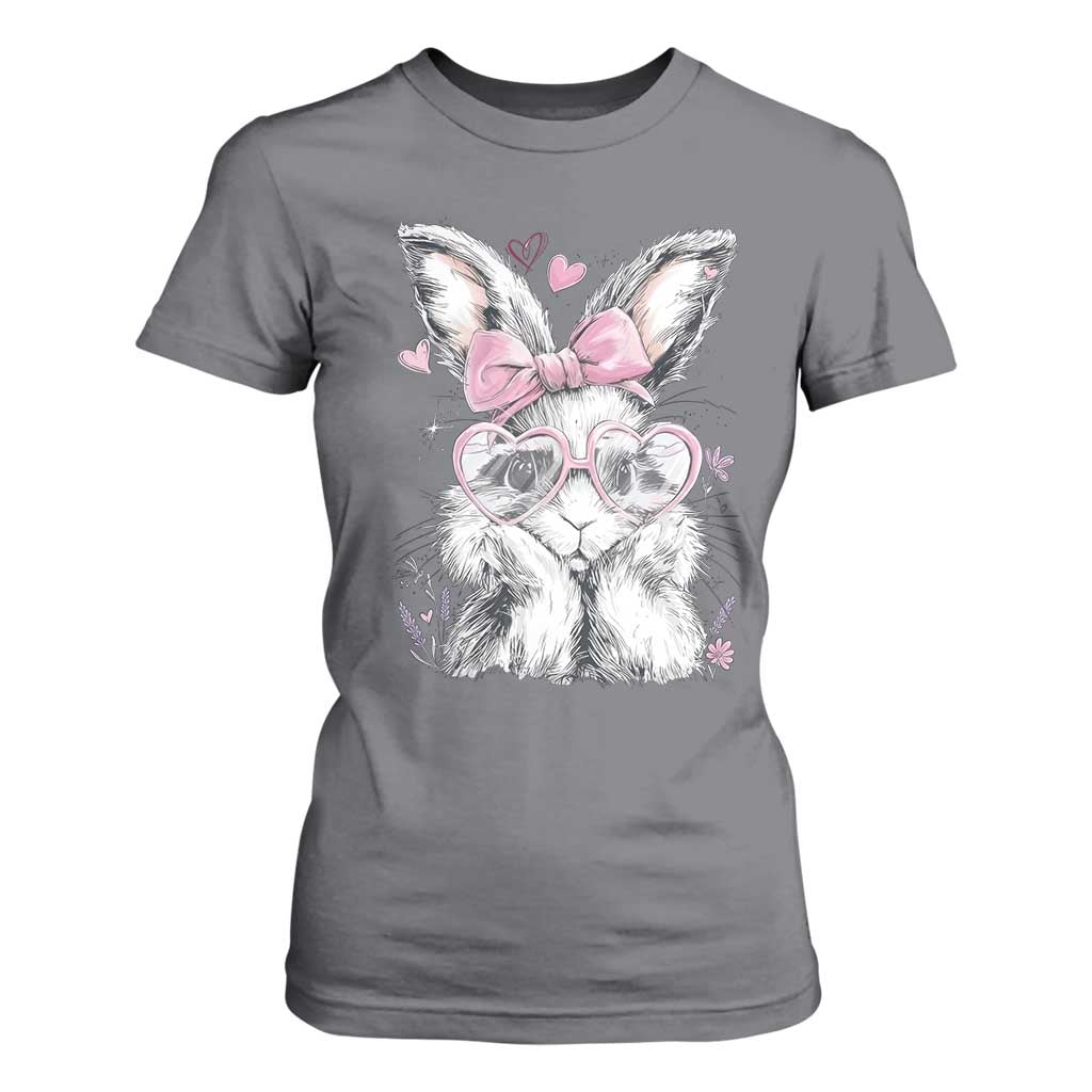 Cute Easter Bunny with Heart Glasses Pink Bow T Shirt For Women Adorable Rabbit Love Aesthetic Gift TS02 Charcoal Print Your Wear