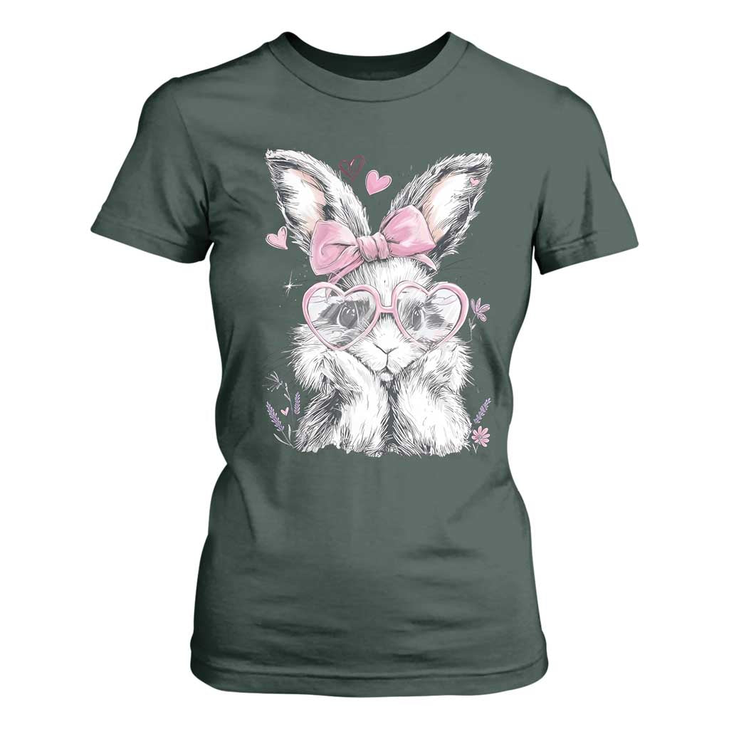 Cute Easter Bunny with Heart Glasses Pink Bow T Shirt For Women Adorable Rabbit Love Aesthetic Gift TS02 Dark Forest Green Print Your Wear