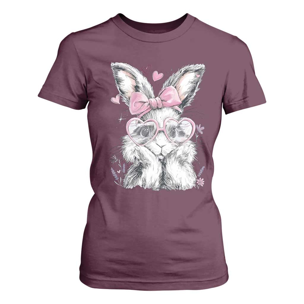 Cute Easter Bunny with Heart Glasses Pink Bow T Shirt For Women Adorable Rabbit Love Aesthetic Gift TS02 Maroon Print Your Wear