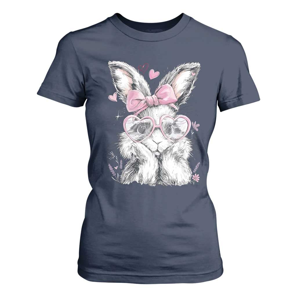 Cute Easter Bunny with Heart Glasses Pink Bow T Shirt For Women Adorable Rabbit Love Aesthetic Gift TS02 Navy Print Your Wear