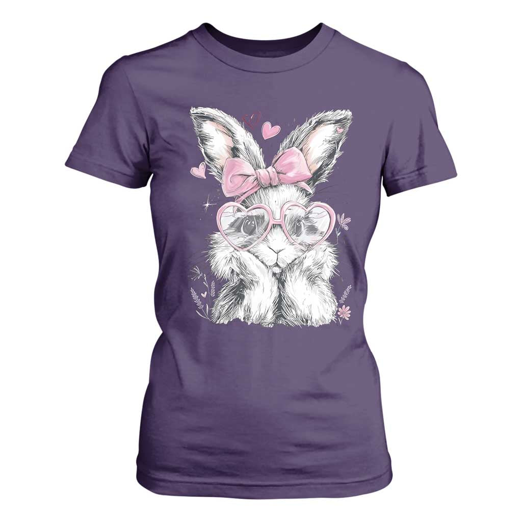 Cute Easter Bunny with Heart Glasses Pink Bow T Shirt For Women Adorable Rabbit Love Aesthetic Gift TS02 Purple Print Your Wear