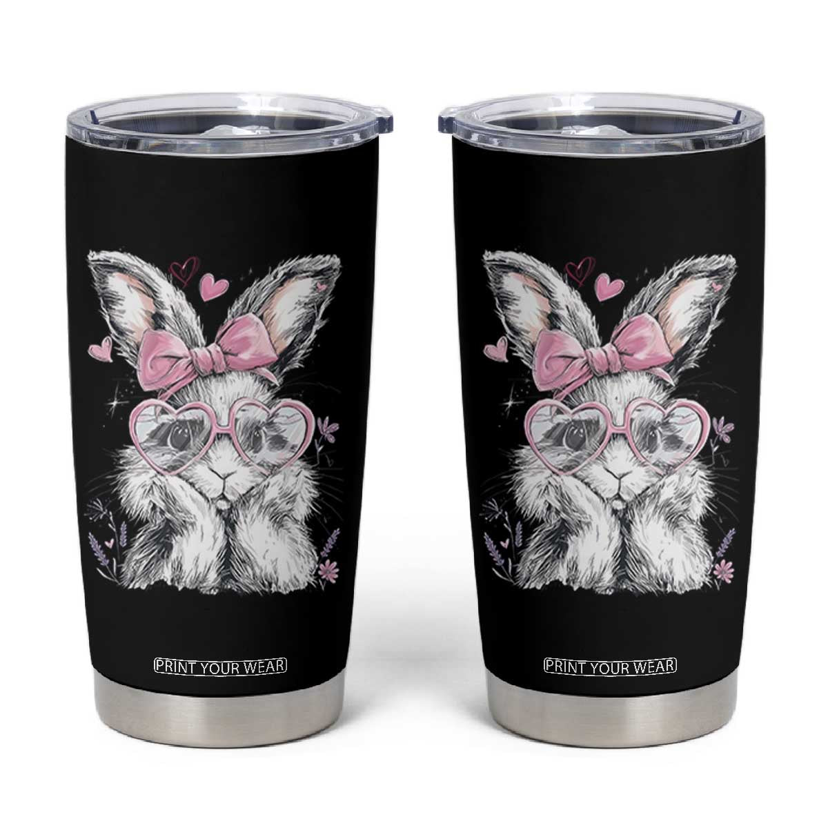 Cute Easter Bunny with Heart Glasses Pink Bow Tumbler Cup Adorable Rabbit Love Aesthetic Gift TS02 Black Print Your Wear