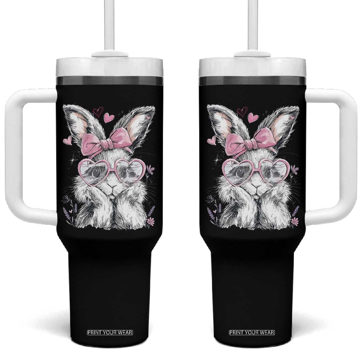 Cute Easter Bunny with Heart Glasses Pink Bow Tumbler With Handle Adorable Rabbit Love Aesthetic Gift TS02 One Size: 40 oz Black Print Your Wear