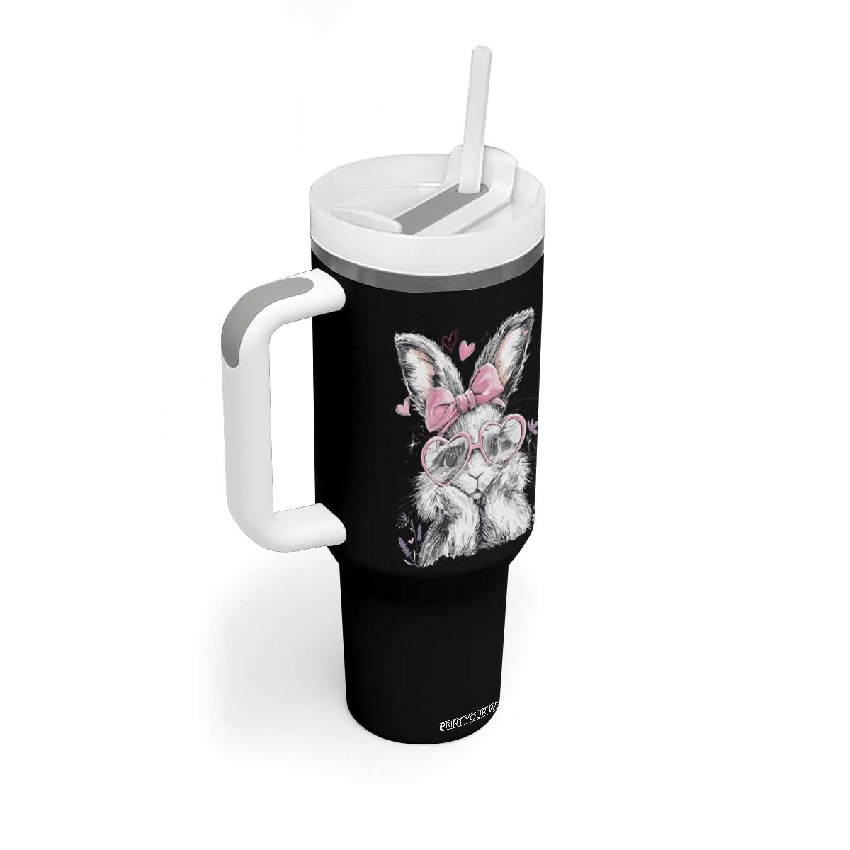 Cute Easter Bunny with Heart Glasses Pink Bow Tumbler With Handle Adorable Rabbit Love Aesthetic Gift TS02 Print Your Wear
