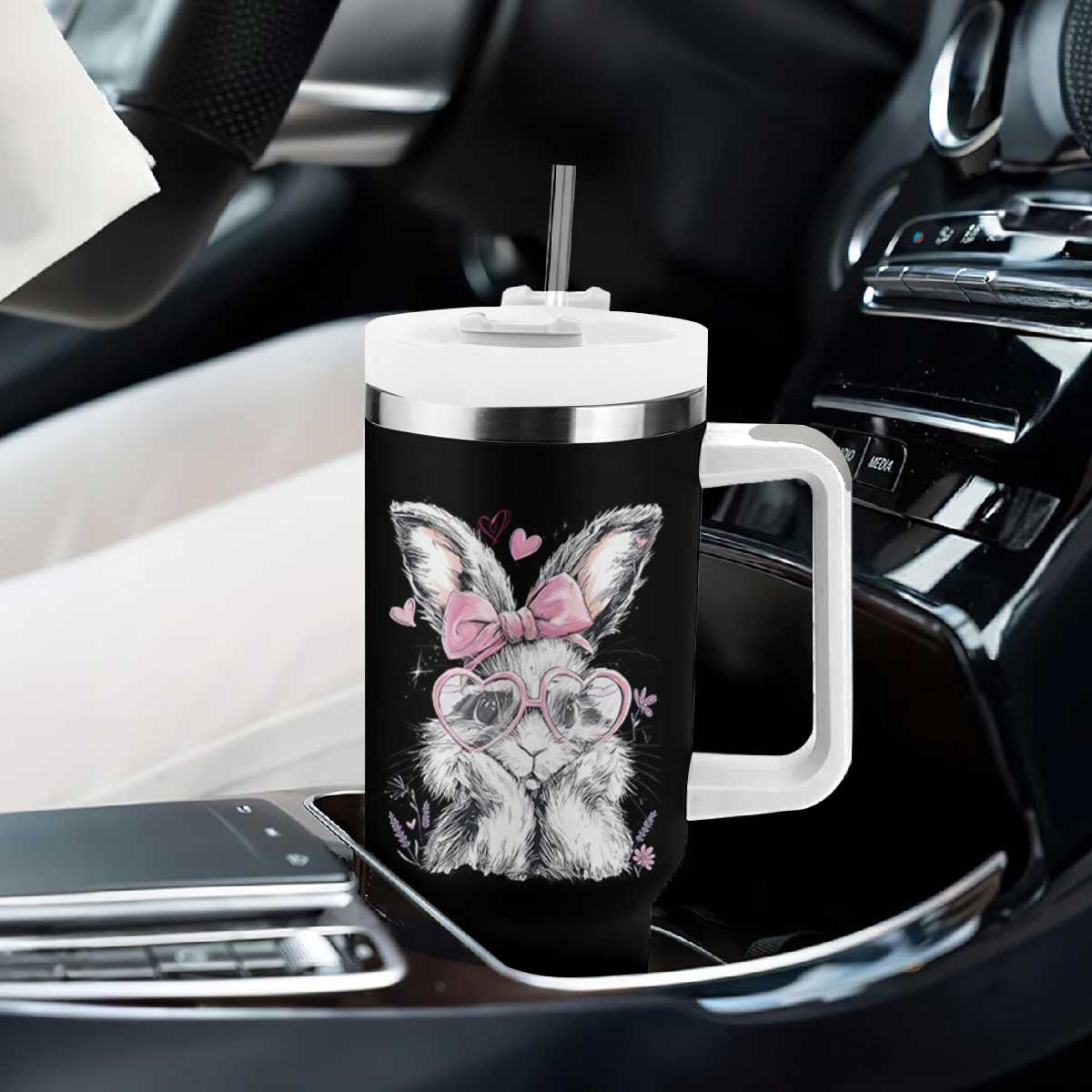 Cute Easter Bunny with Heart Glasses Pink Bow Tumbler With Handle Adorable Rabbit Love Aesthetic Gift TS02 Print Your Wear