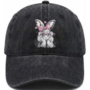 Cute Easter Bunny with Heart Glasses Pink Bow Washed Cotton Baseball Cap Adorable Rabbit Love Aesthetic Gift TS02 Print Your Wear