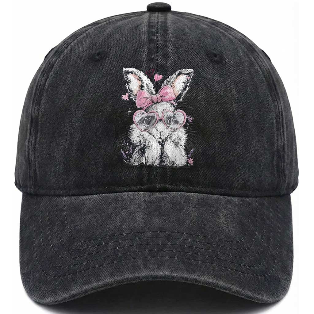Cute Easter Bunny with Heart Glasses Pink Bow Washed Cotton Baseball Cap Adorable Rabbit Love Aesthetic Gift TS02 Print Your Wear