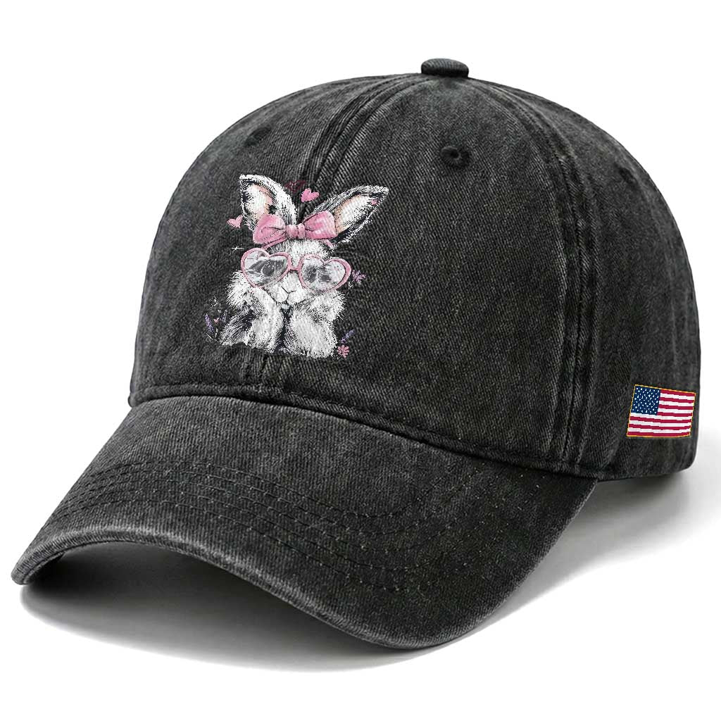 Cute Easter Bunny with Heart Glasses Pink Bow Washed Cotton Baseball Cap Adorable Rabbit Love Aesthetic Gift TS02 Print Your Wear