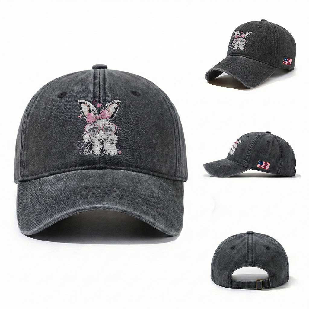 Cute Easter Bunny with Heart Glasses Pink Bow Washed Cotton Baseball Cap Adorable Rabbit Love Aesthetic Gift TS02 Washed Cap Universal Fit Dark Gray Print Your Wear