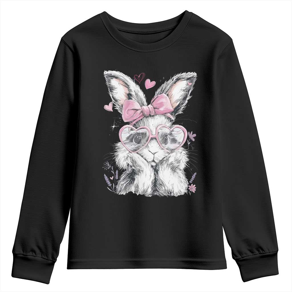 Cute Easter Bunny with Heart Glasses Pink Bow Youth Sweatshirt Adorable Rabbit Love Aesthetic Gift TS02 Black Print Your Wear