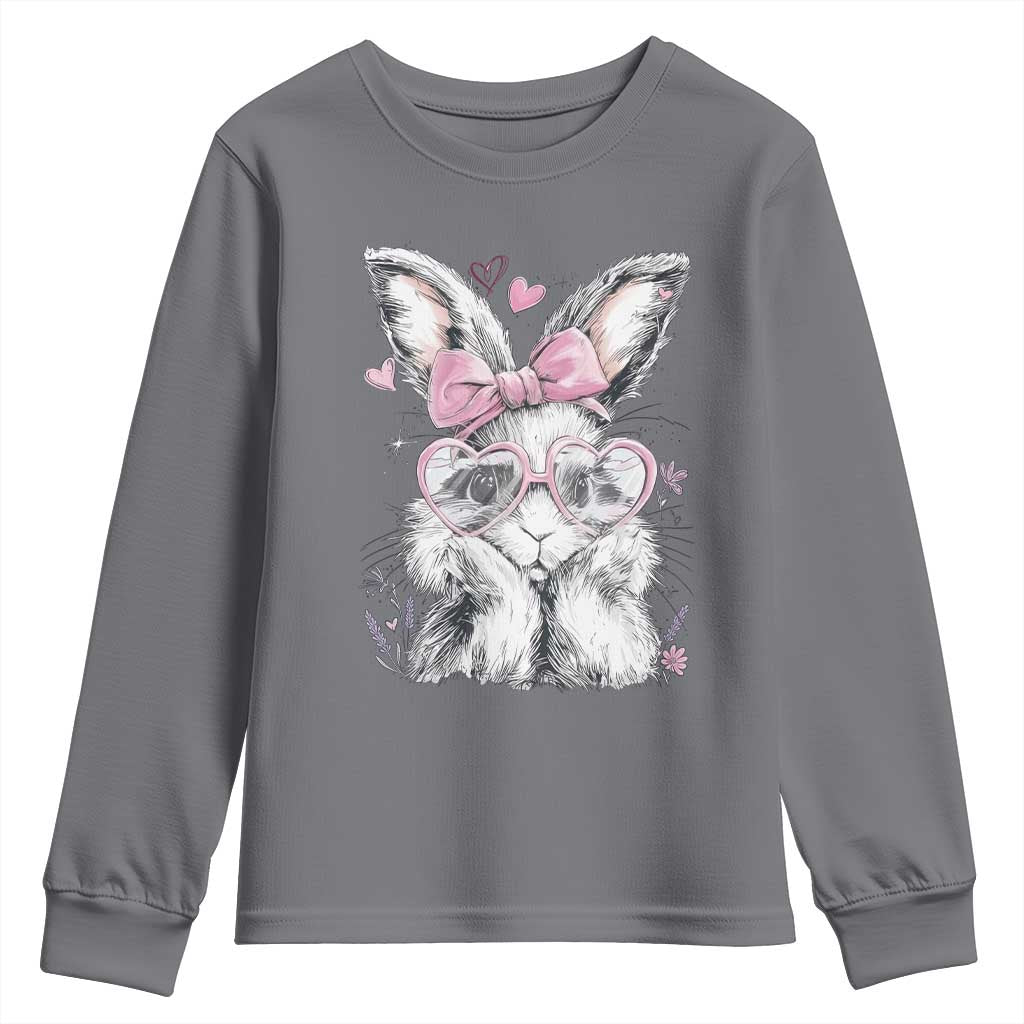 Cute Easter Bunny with Heart Glasses Pink Bow Youth Sweatshirt Adorable Rabbit Love Aesthetic Gift TS02 Charcoal Print Your Wear