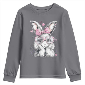 Cute Easter Bunny with Heart Glasses Pink Bow Youth Sweatshirt Adorable Rabbit Love Aesthetic Gift TS02 Charcoal Print Your Wear