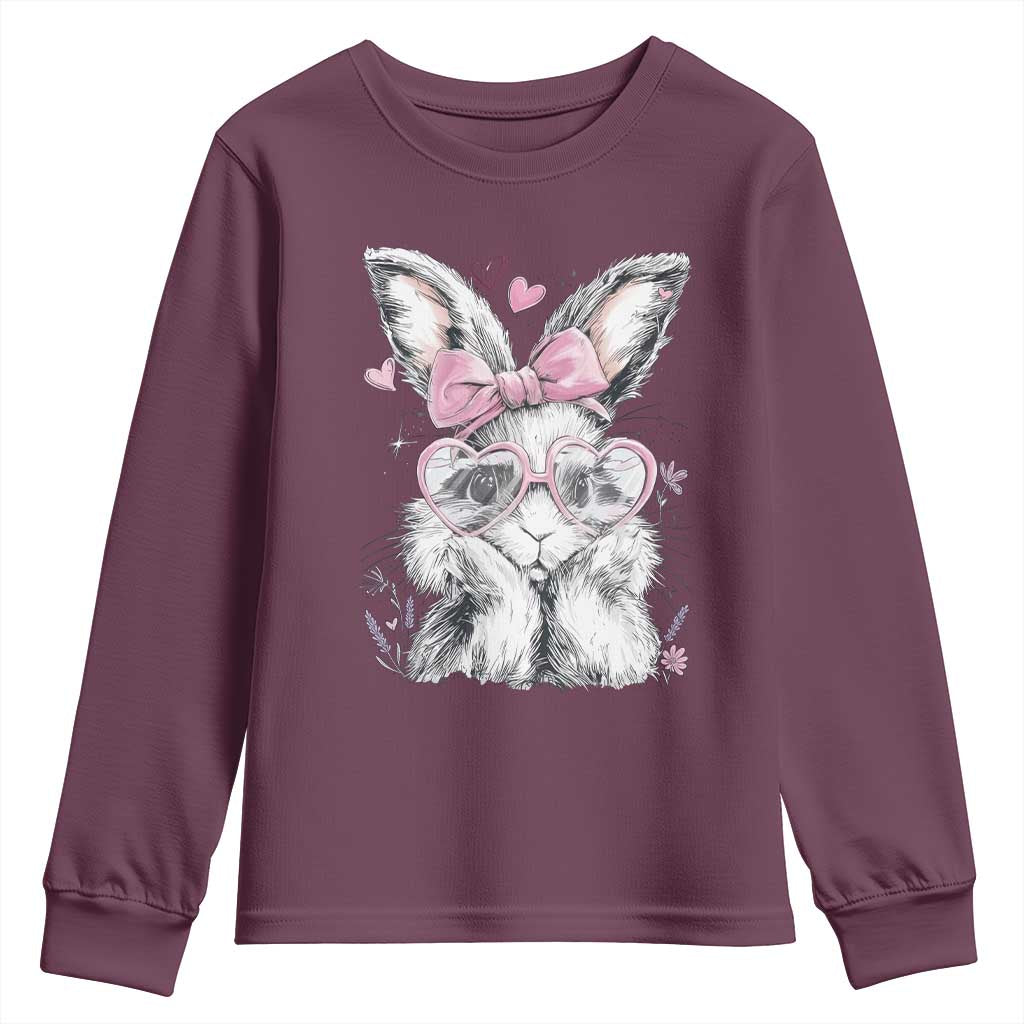 Cute Easter Bunny with Heart Glasses Pink Bow Youth Sweatshirt Adorable Rabbit Love Aesthetic Gift TS02 Maroon Print Your Wear