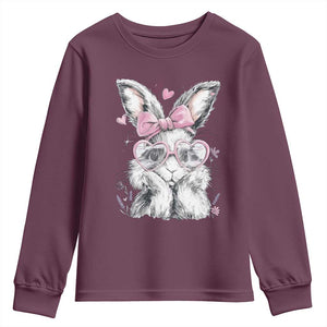 Cute Easter Bunny with Heart Glasses Pink Bow Youth Sweatshirt Adorable Rabbit Love Aesthetic Gift TS02 Maroon Print Your Wear