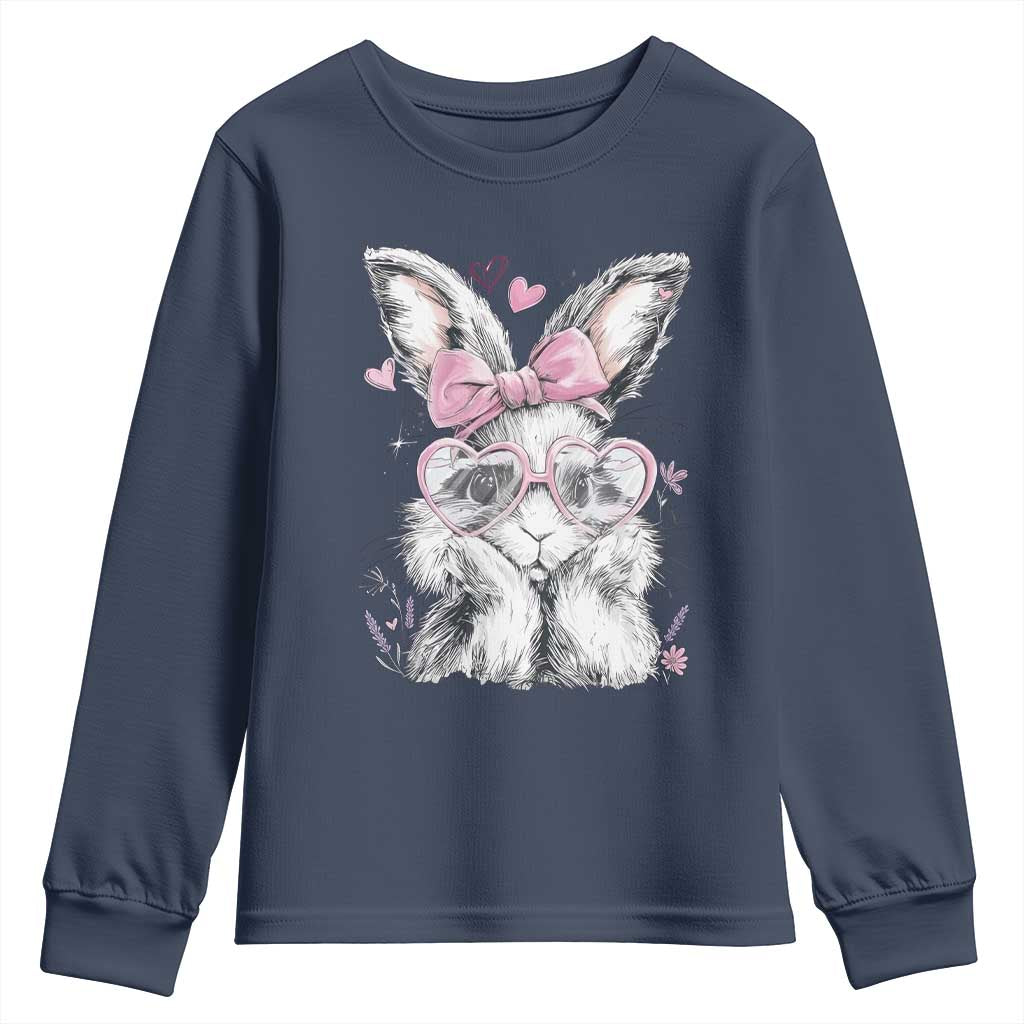 Cute Easter Bunny with Heart Glasses Pink Bow Youth Sweatshirt Adorable Rabbit Love Aesthetic Gift TS02 Navy Print Your Wear