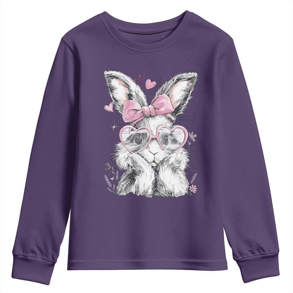 Cute Easter Bunny with Heart Glasses Pink Bow Youth Sweatshirt Adorable Rabbit Love Aesthetic Gift TS02 Purple Print Your Wear