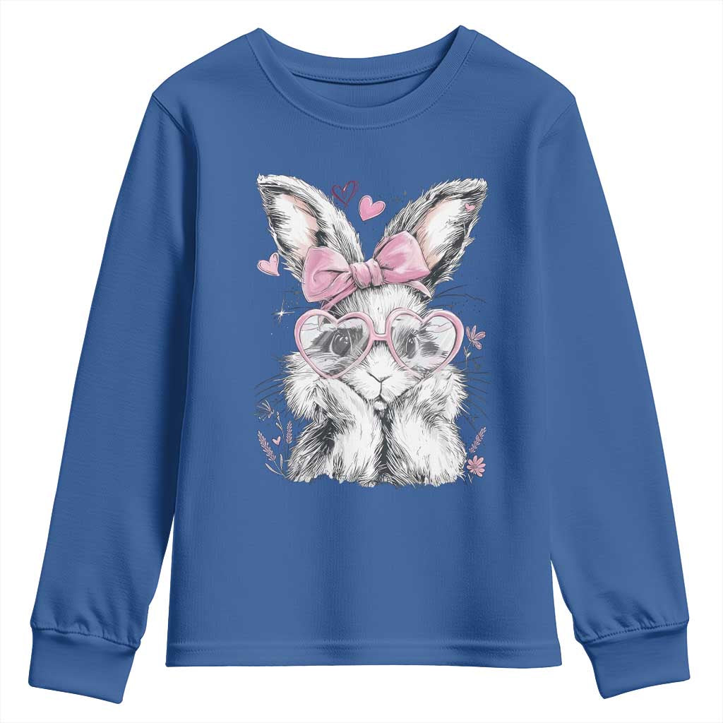 Cute Easter Bunny with Heart Glasses Pink Bow Youth Sweatshirt Adorable Rabbit Love Aesthetic Gift TS02 Royal Blue Print Your Wear