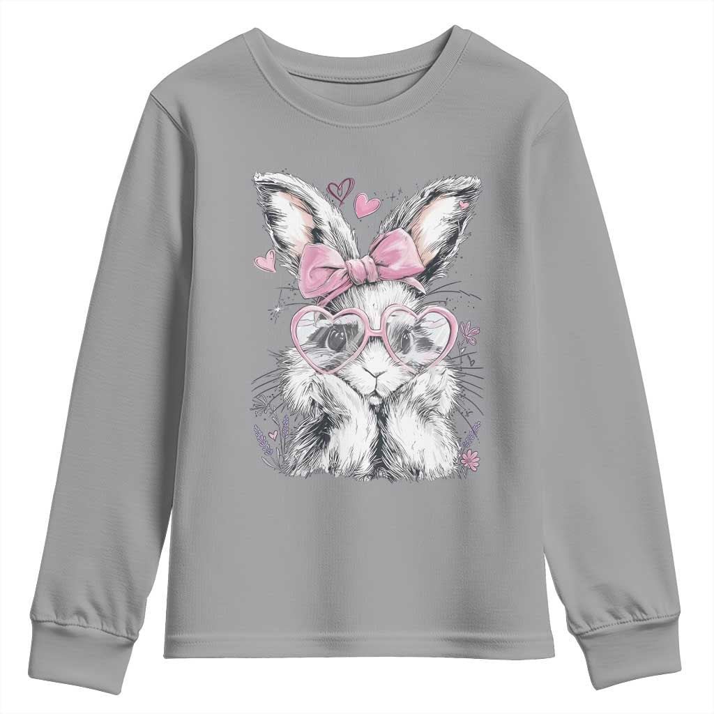 Cute Easter Bunny with Heart Glasses Pink Bow Youth Sweatshirt Adorable Rabbit Love Aesthetic Gift TS02 Sport Gray Print Your Wear