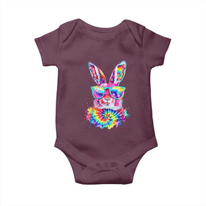 Colorful Tie Dye Bunny with Sunglasses Baby Onesie Cool Easter Rabbit Retro Hippie Vibe Graphic Gift TS02 Maroon Print Your Wear
