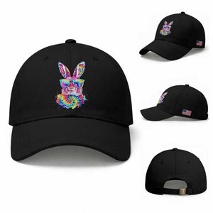 Colorful Tie Dye Bunny with Sunglasses Baseball Cap Cool Easter Rabbit Retro Hippie Vibe Graphic Gift TS02 Baseball Cap Universal Fit Black Print Your Wear