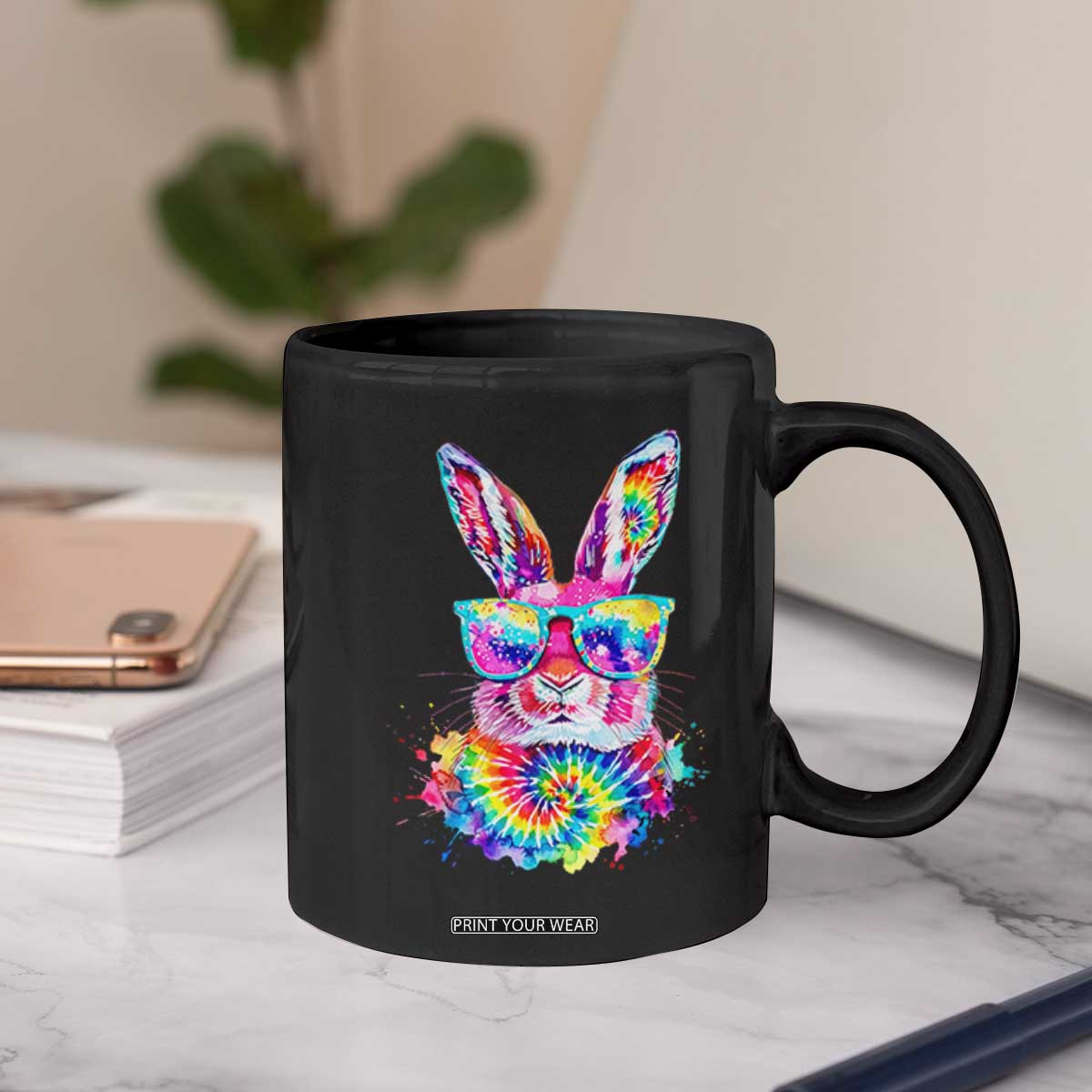 Colorful Tie Dye Bunny with Sunglasses Coffee Mug Cool Easter Rabbit Retro Hippie Vibe Graphic Gift TS02 Print Your Wear