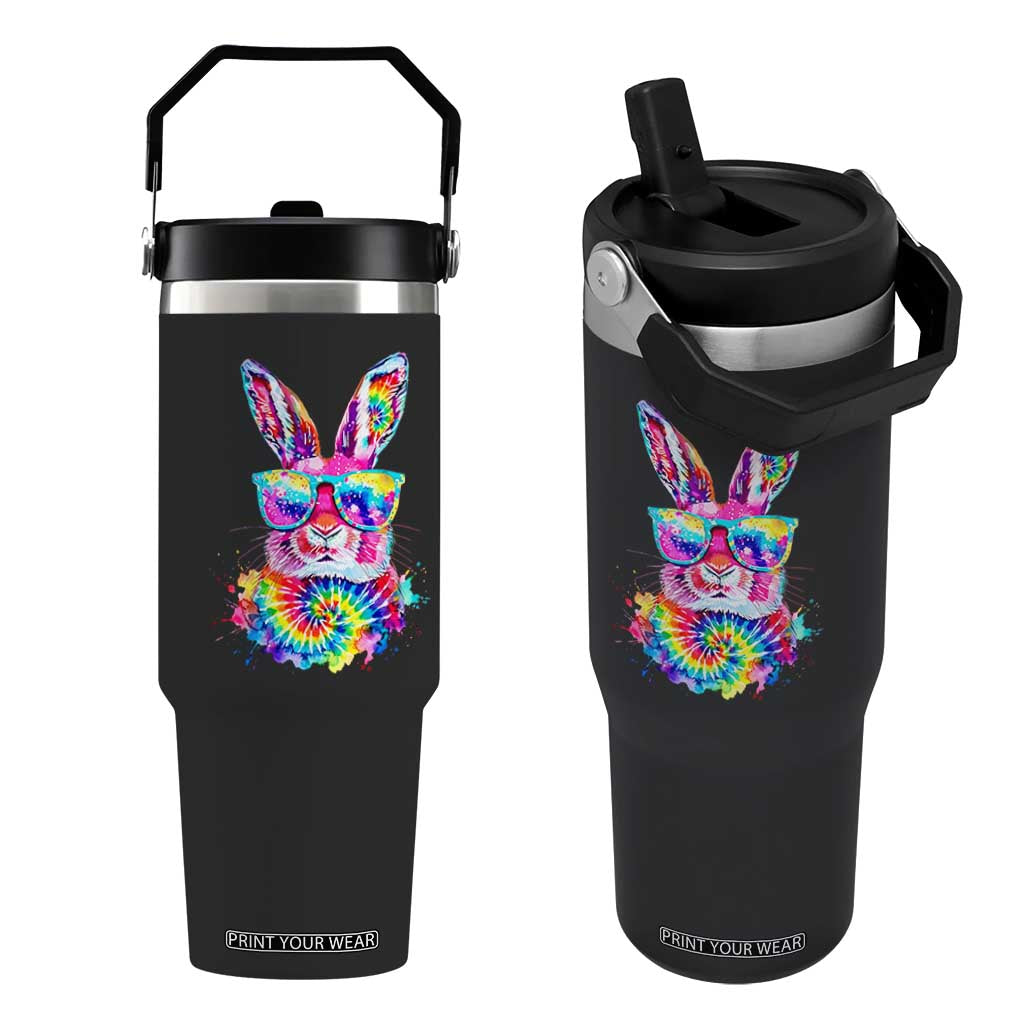 Colorful Tie Dye Bunny with Sunglasses Flip Straw Tumbler Cool Easter Rabbit Retro Hippie Vibe Graphic Gift TS02 One Size: 30 oz Black Print Your Wear