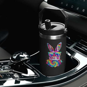 Colorful Tie Dye Bunny with Sunglasses Flip Straw Tumbler Cool Easter Rabbit Retro Hippie Vibe Graphic Gift TS02 Print Your Wear