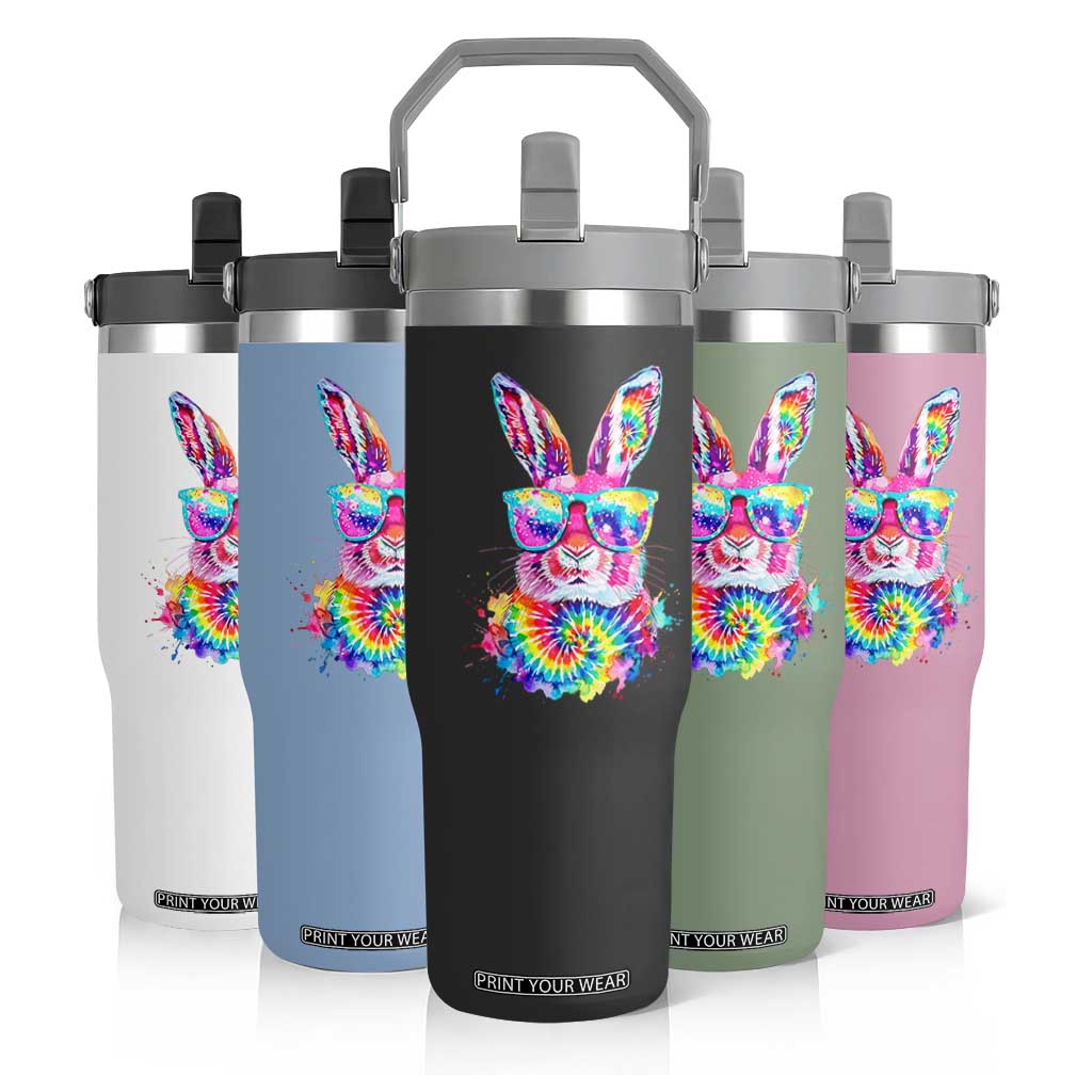 Colorful Tie Dye Bunny with Sunglasses Flip Straw Tumbler Cool Easter Rabbit Retro Hippie Vibe Graphic Gift TS02 Print Your Wear