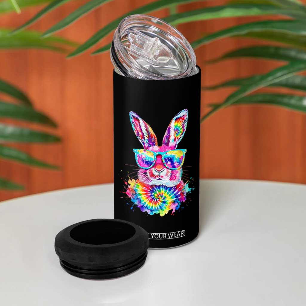 Colorful Tie Dye Bunny with Sunglasses 4 in 1 Can Cooler Tumbler Cool Easter Rabbit Retro Hippie Vibe Graphic Gift TS02 Print Your Wear