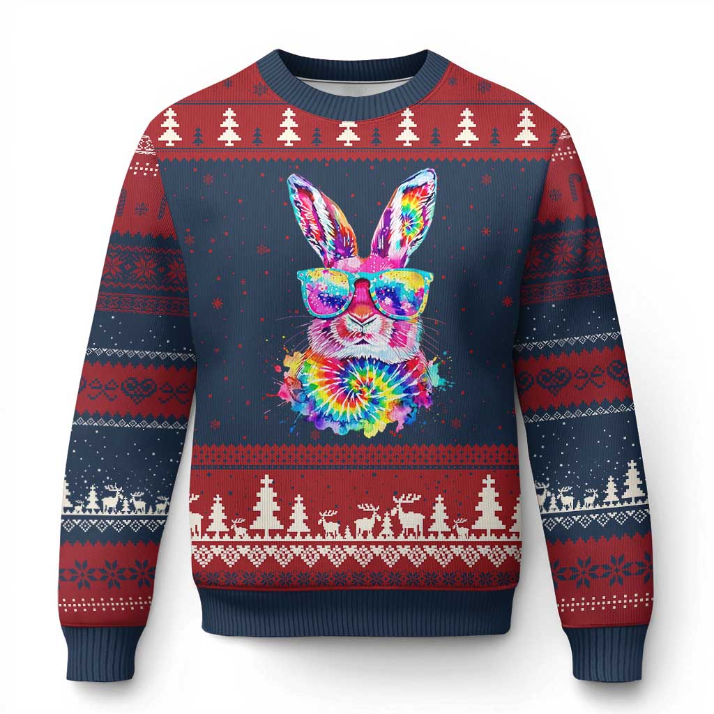 Colorful Tie Dye Bunny with Sunglasses Ugly Christmas Sweater Cool Easter Rabbit Retro Hippie Vibe Graphic Gift TS02 Navy Red Print Your Wear