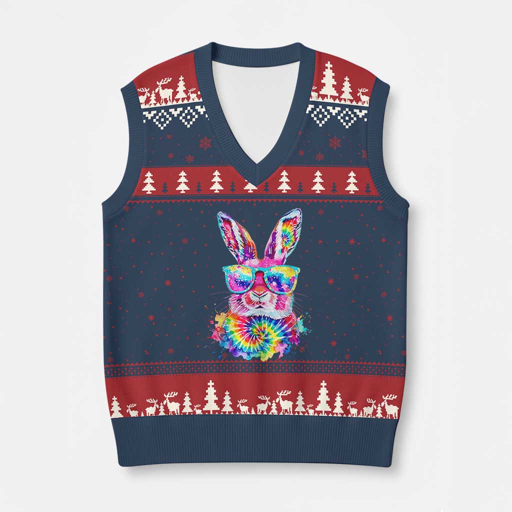 Colorful Tie Dye Bunny with Sunglasses V-Neck Knit Sweater Vest Cool Easter Rabbit Retro Hippie Vibe Graphic Gift TS02 Navy Red Print Your Wear