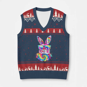 Colorful Tie Dye Bunny with Sunglasses V-Neck Knit Sweater Vest Cool Easter Rabbit Retro Hippie Vibe Graphic Gift TS02 Navy Red Print Your Wear