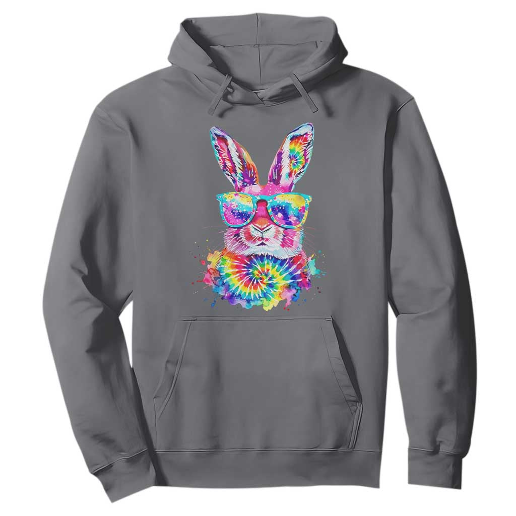 Colorful Tie Dye Bunny with Sunglasses Hoodie Cool Easter Rabbit Retro Hippie Vibe Graphic Gift TS02 Charcoal Print Your Wear
