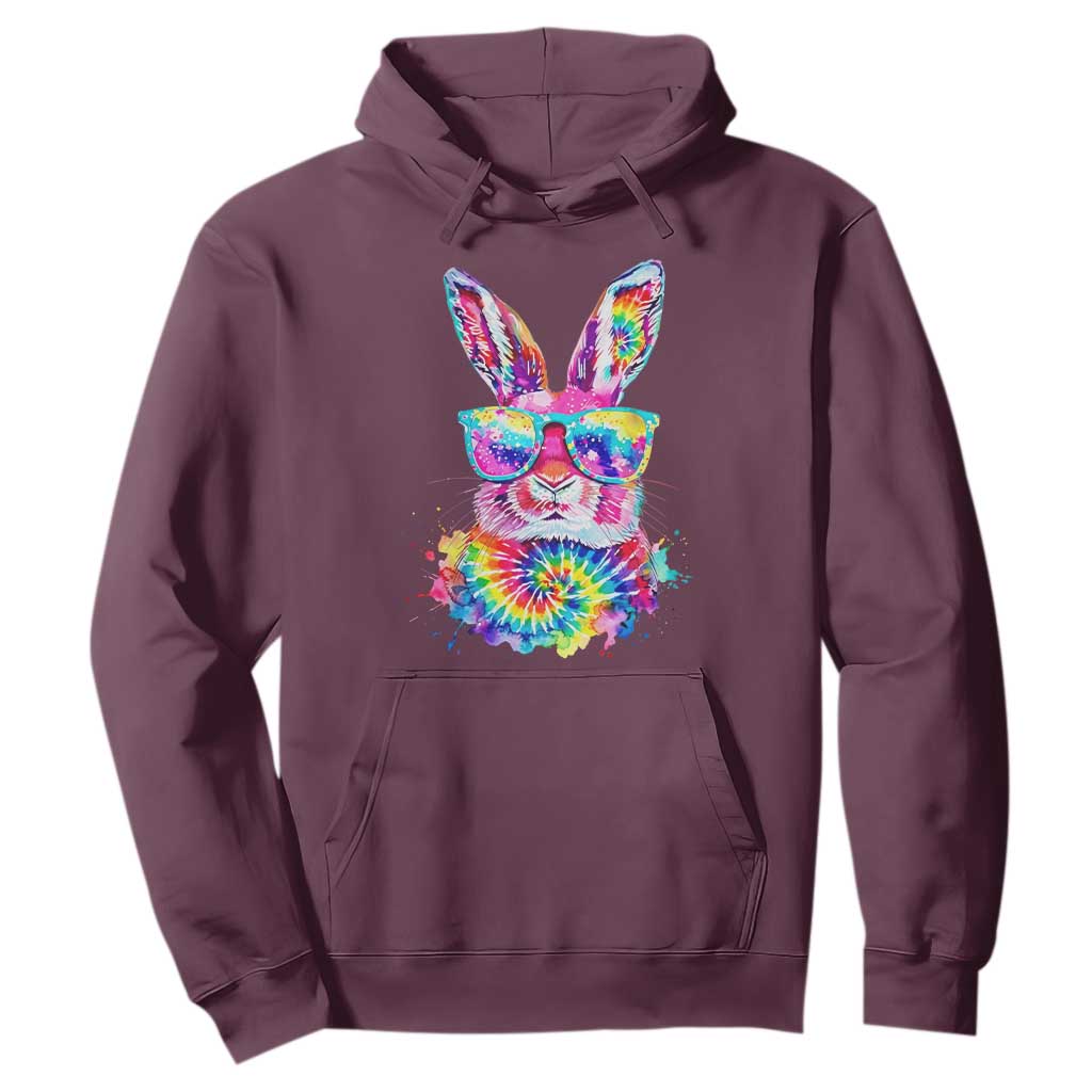 Colorful Tie Dye Bunny with Sunglasses Hoodie Cool Easter Rabbit Retro Hippie Vibe Graphic Gift TS02 Maroon Print Your Wear