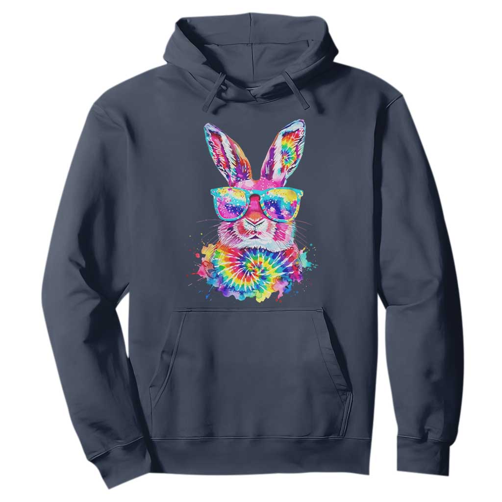 Colorful Tie Dye Bunny with Sunglasses Hoodie Cool Easter Rabbit Retro Hippie Vibe Graphic Gift TS02 Navy Print Your Wear