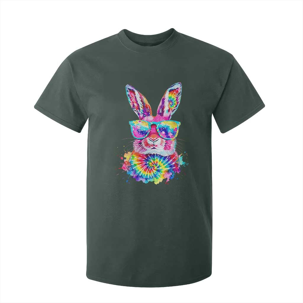 Colorful Tie Dye Bunny with Sunglasses T Shirt For Kid Cool Easter Rabbit Retro Hippie Vibe Graphic Gift TS02 Dark Forest Green Print Your Wear