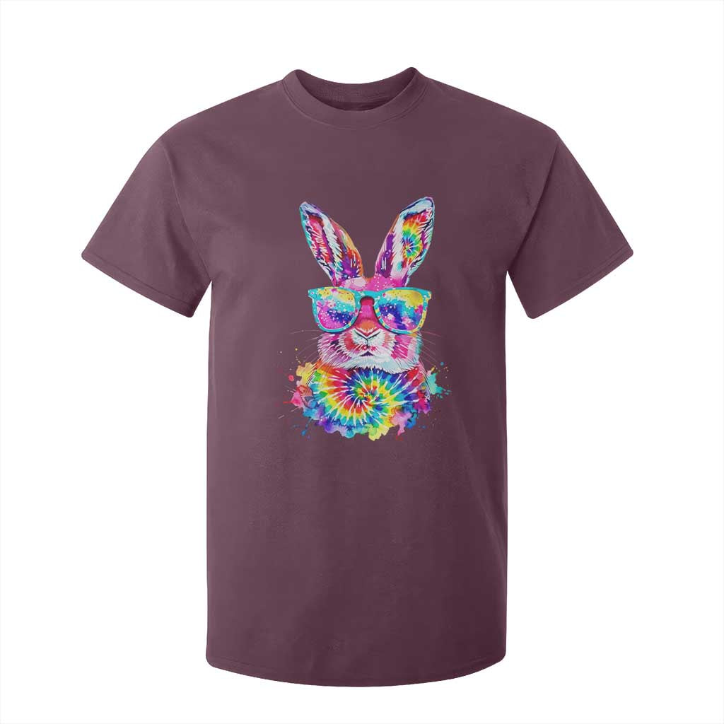 Colorful Tie Dye Bunny with Sunglasses T Shirt For Kid Cool Easter Rabbit Retro Hippie Vibe Graphic Gift TS02 Maroon Print Your Wear