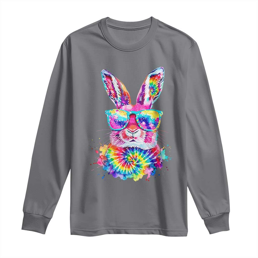 Colorful Tie Dye Bunny with Sunglasses Long Sleeve Shirt Cool Easter Rabbit Retro Hippie Vibe Graphic Gift TS02 Charcoal Print Your Wear
